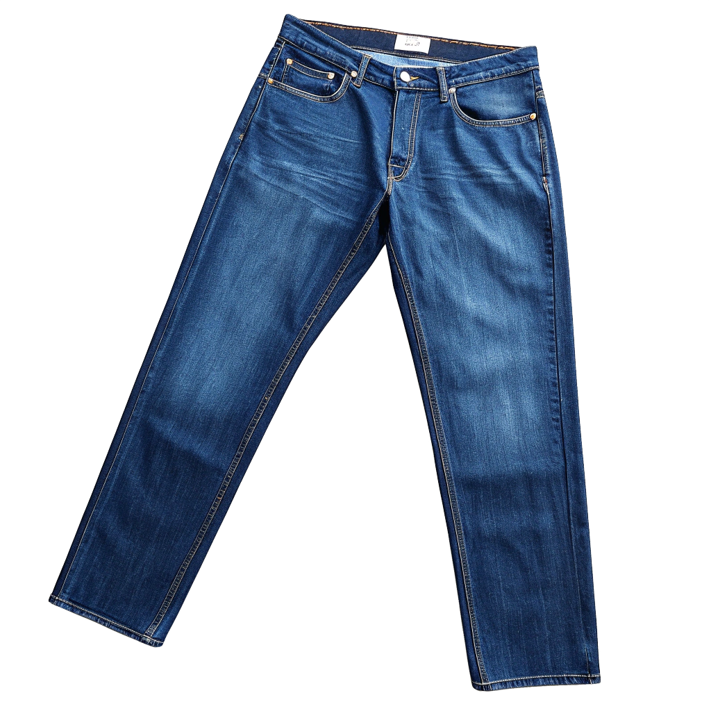 Classic blue straight-leg denim jeans isolated on a black background